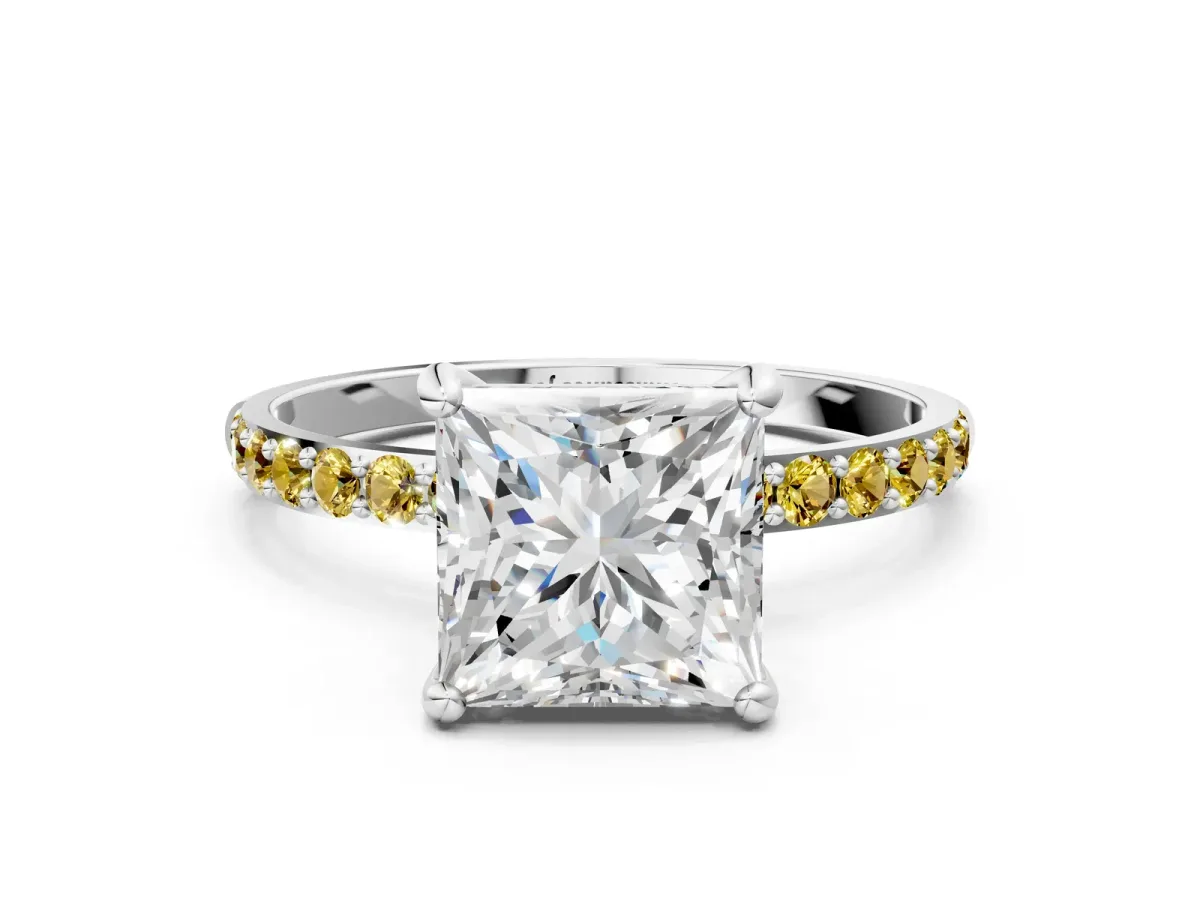 Princess Cut Diamond Solitaire Ring with Round Yellow Sapphire Pavé Band and Prong Setting White gold