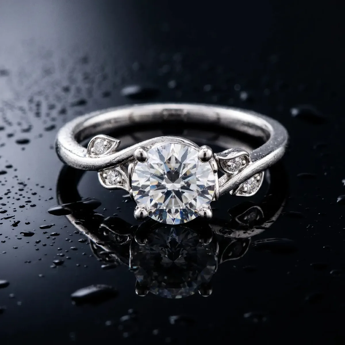 Princess Cut Solitaire Twist Engagement Ring with Leaf Accents and Prong Setting Silver