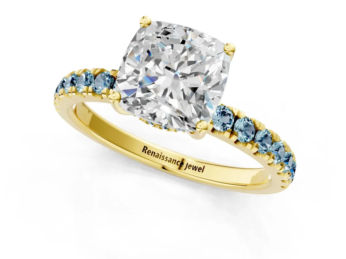 Cushion Cut Diamond Pave Band Solitaire Ring with Round Aquamarine and Prong Setting Yellow gold