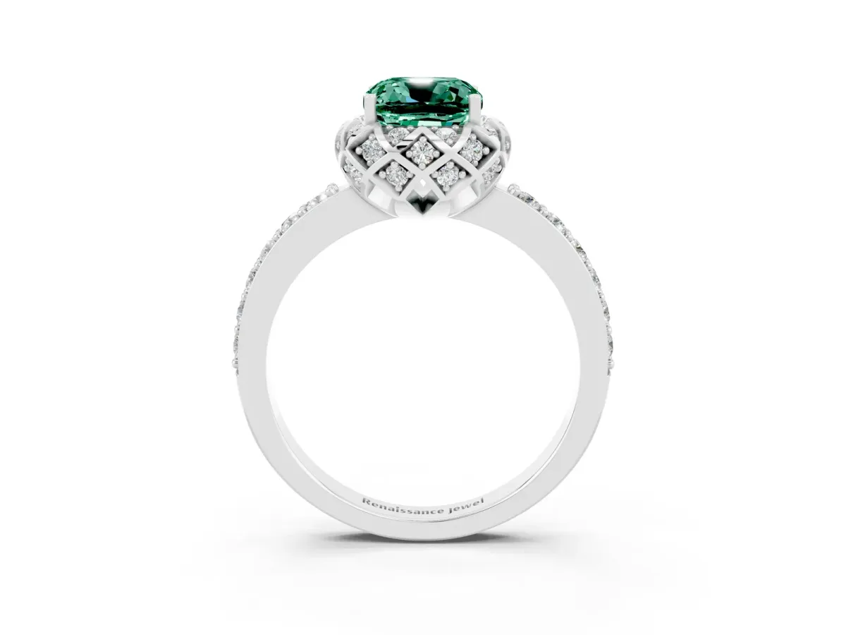 Cushion Cut Green Sapphire Scalloped Halo Engagement Ring with Round Shared Prong Band Silver
