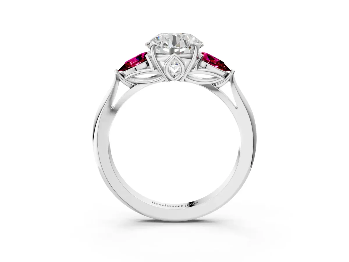 Round Cut Diamond Three-Stone Ring with Pear Garnet Side Stones and Prong Setting Silver