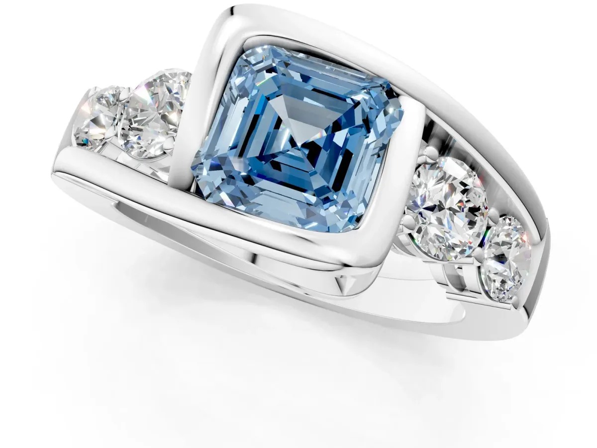 Fancy Blue Bezel Set Asscher Cut Diamond Bypass Ring with Round Accents White gold