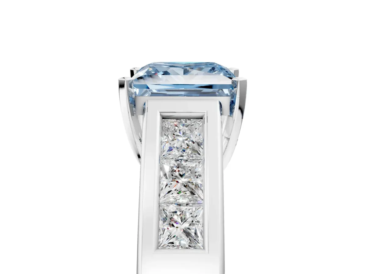 Fancy Blue Princess Cut Cut Channel Set Solitaire Ring with Four-Prong Setting Silver