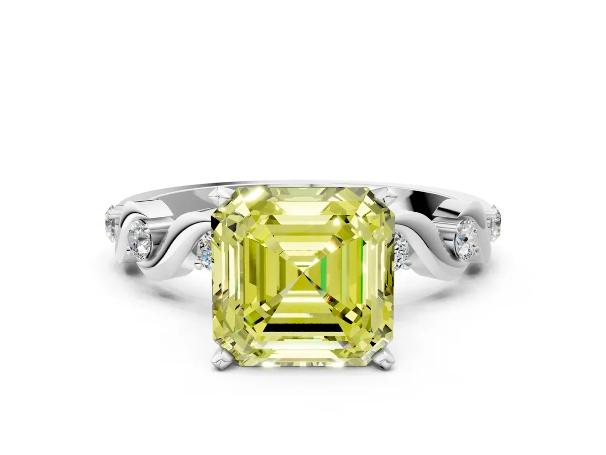 Fancy Yellow Asscher Cut Diamond Solitaire Twisted Band with Round Accents and Prong Setting White gold