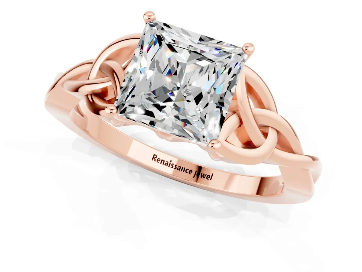 Princess Cut Moissanite Solitaire Celtic Knot Ring with Four-Prong Setting Rose gold