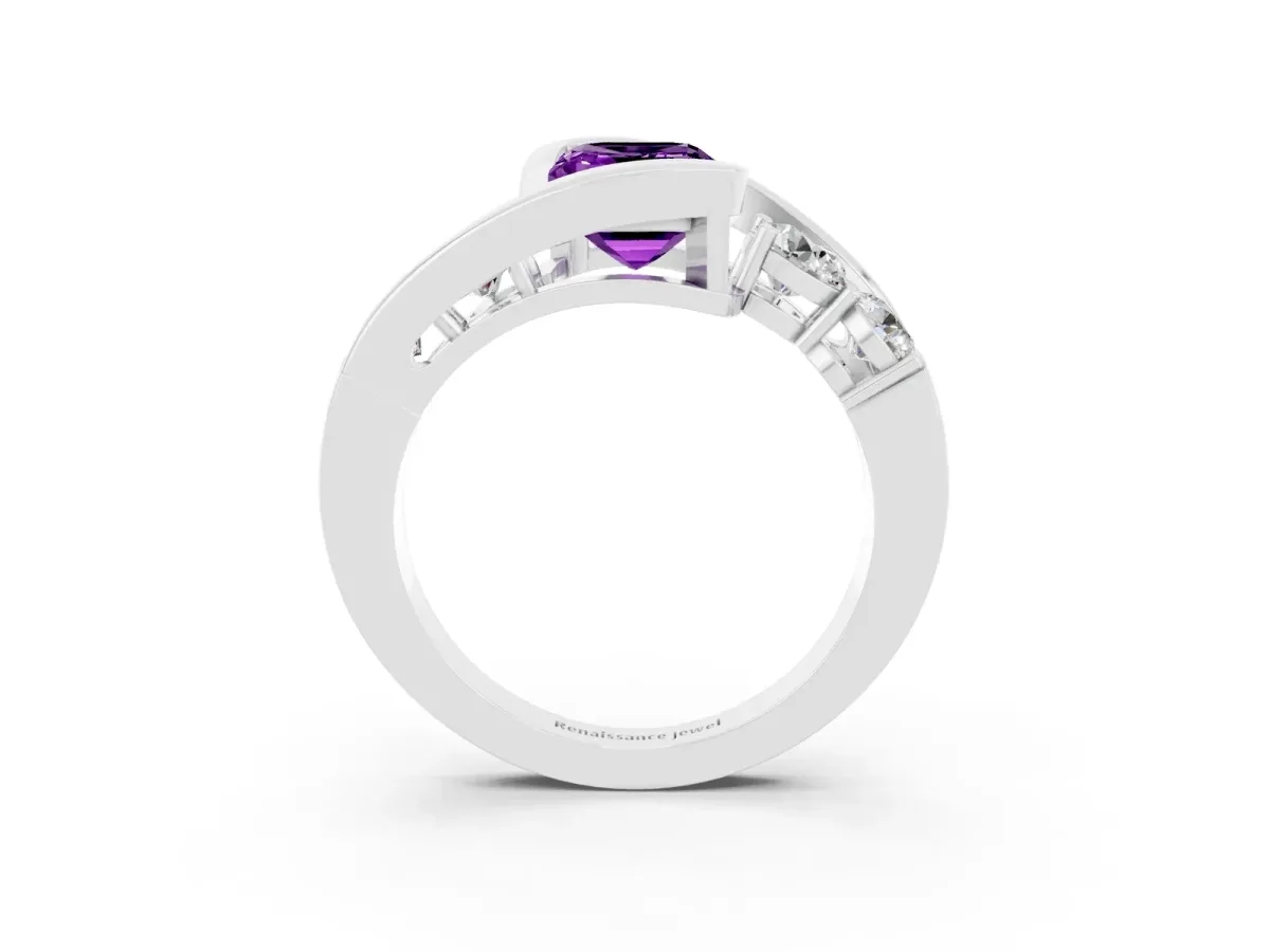 Bezel Set Emerald Cut Amethyst Bypass Ring with Round Accents Platinum