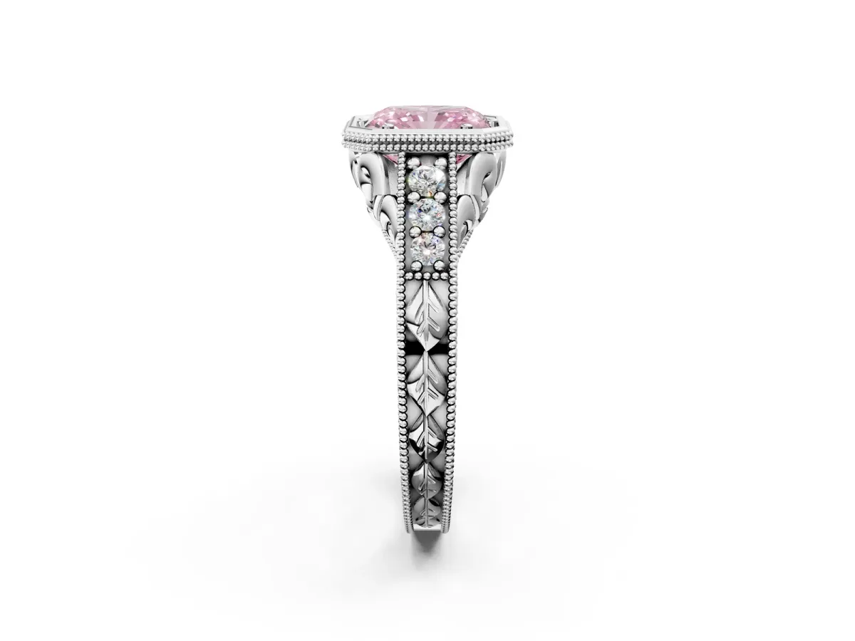 Fancy Pink Bezel Set Radiant Cut Diamond Milgrain Pave Engagement Ring Platinum