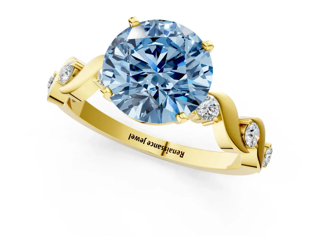 Fancy Blue Round Cut Diamond Solitaire Twisted Band with Round Accents and Prong Setting Yellow gold