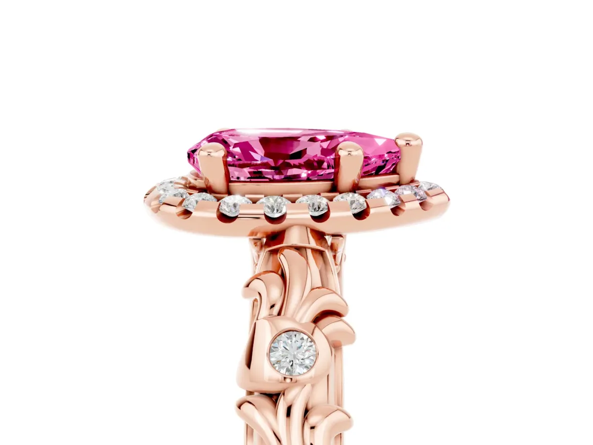 Pear Cut Pink Sapphire Halo Ring with Filigree Band and Prong Setting Rose gold
