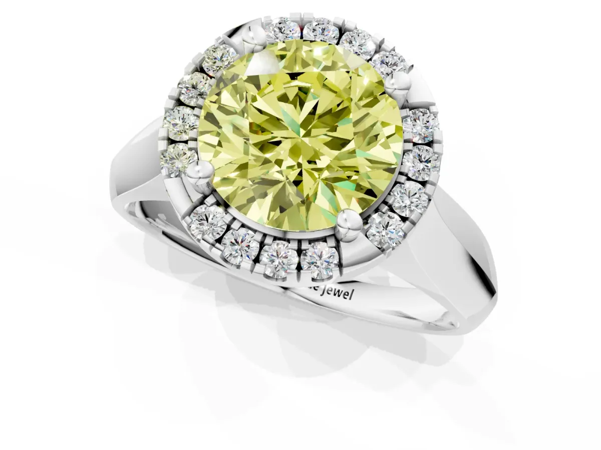 Fancy Yellow Round Cut Cut Halo Solitaire Engagement Ring with Square Band and Four-Prong Setting White gold