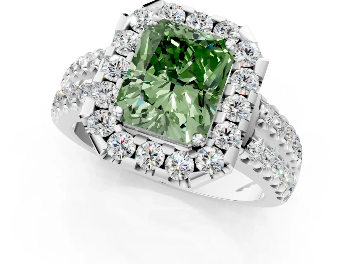 Fancy Green Radiant Cut Halo Diamond Split Shank Engagement Ring with Prong Setting Platinum