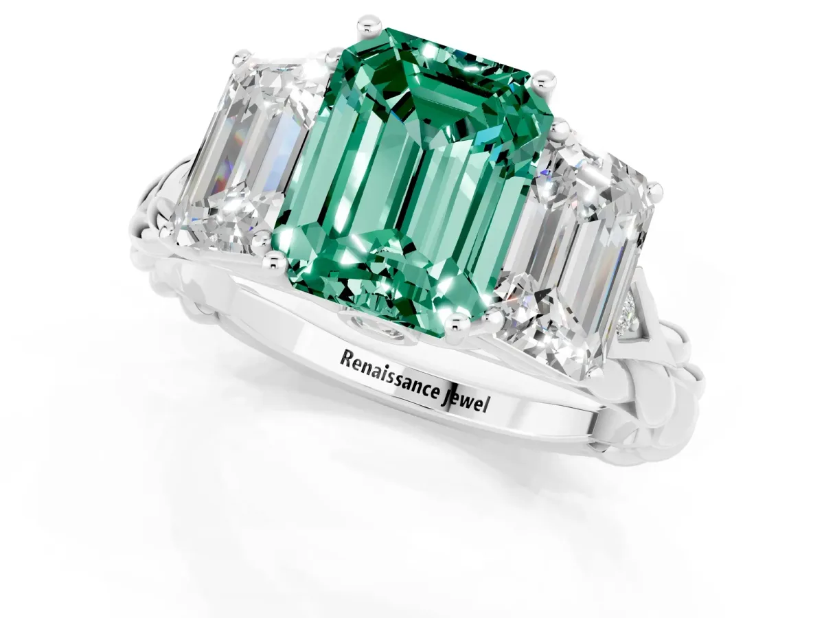 Three-Stone Emerald Cut Green Sapphire Braided Band Ring with Four-Prong Setting Platinum
