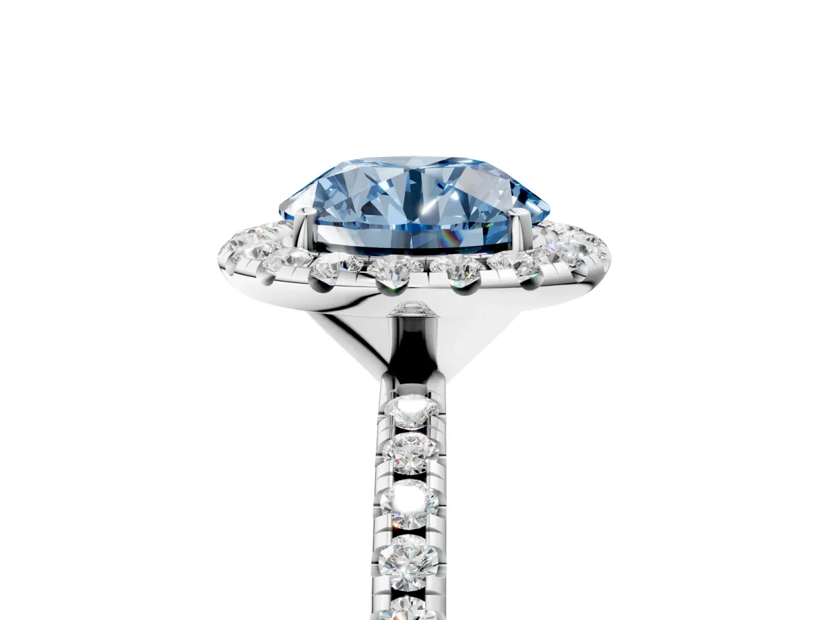 Fancy Blue Round Cut Diamond Halo Ring with Round Pavé Band and Prong Setting Platinum