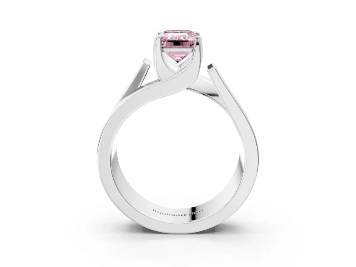 Fancy Pink Modern Tension Set Emerald Cut Diamond Solitaire Wide Band Ring Silver