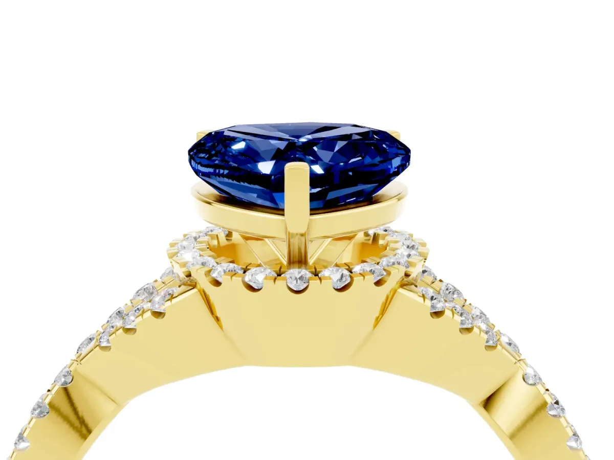 Heart Cut Blue Sapphire Halo Twist Band Solitaire Prong Setting Ring Yellow gold