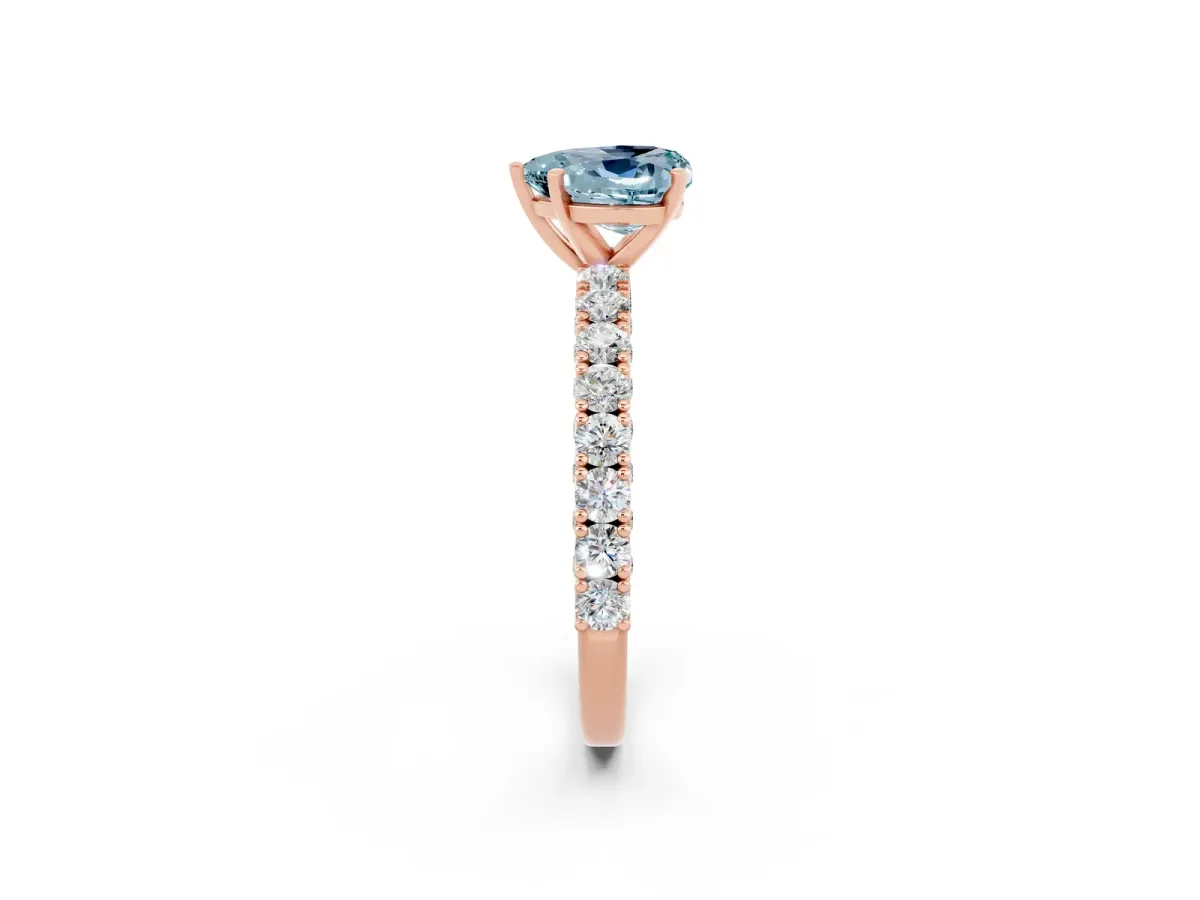 Heart Cut Aquamarine Solitaire Ring with Round Accent Pavé Band and Prong Setting Rose gold