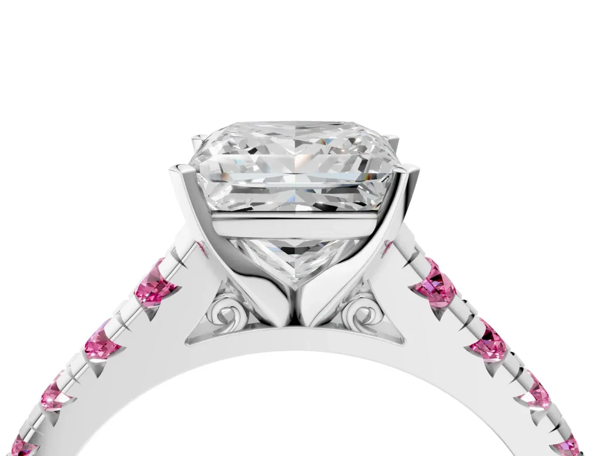 Princess Cut Diamond Cathedral Solitaire Ring with Round Pink Sapphire Pavé Band White gold
