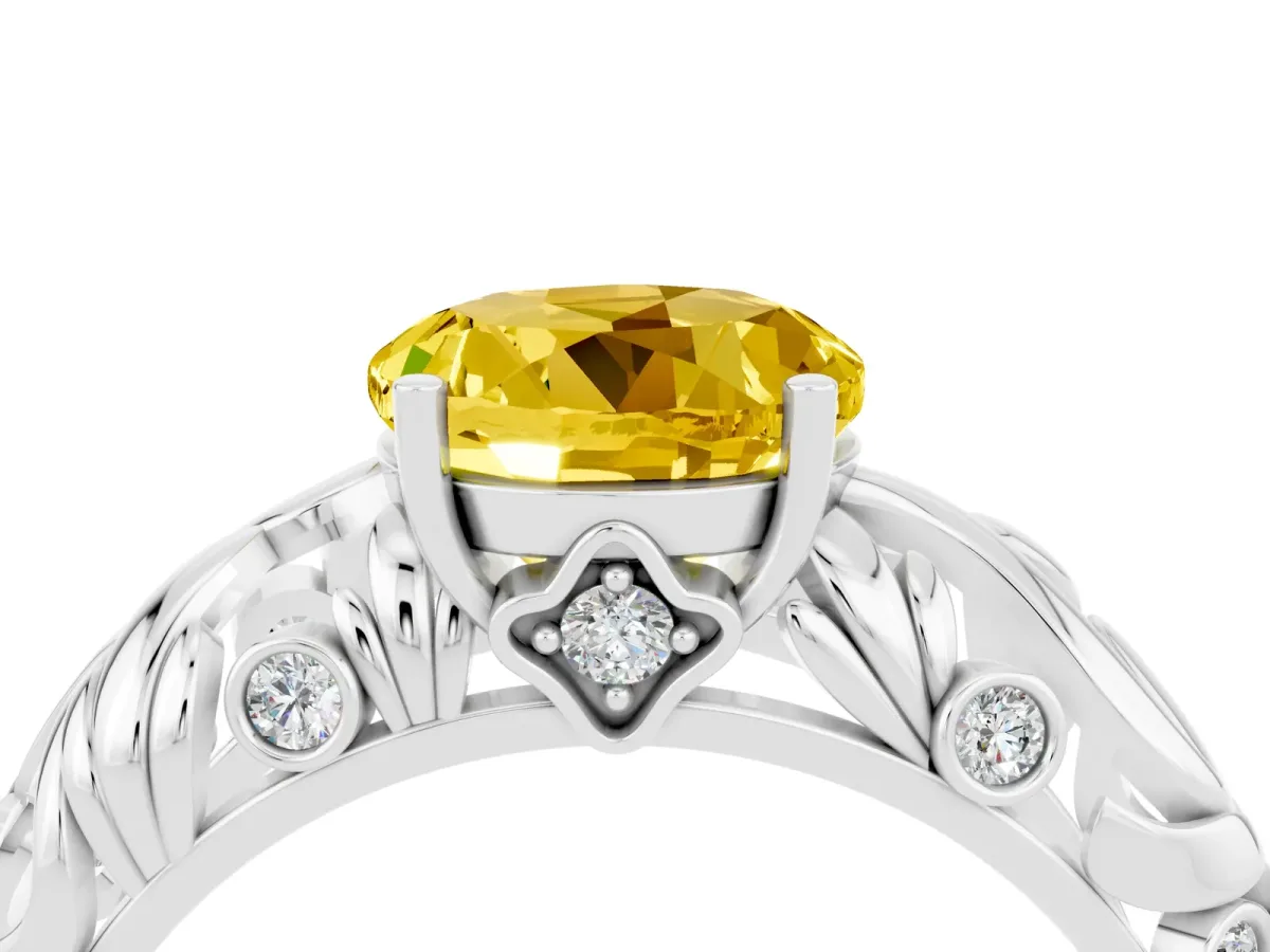 Round Cut Solitaire Yellow Sapphire Leaf-Inspired Vine Band Ring with Prong Setting Silver