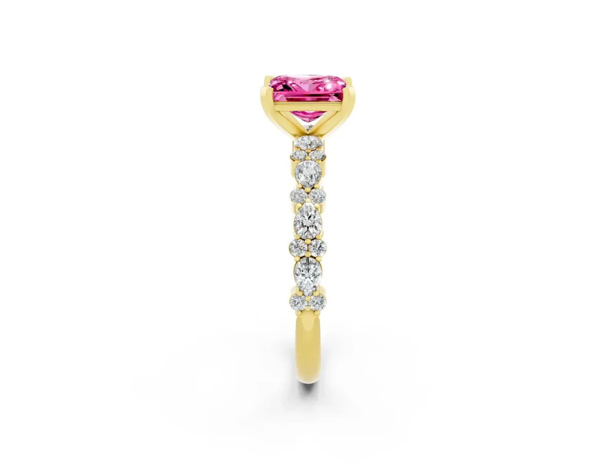 Princess Cut Pink Sapphire Side Stone Solitaire Ring with Round and Four-Prong Setting Yellow gold
