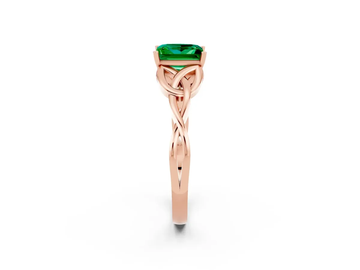 Princess Cut Emerald Solitaire Celtic Knot Ring with Four-Prong Setting Rose gold