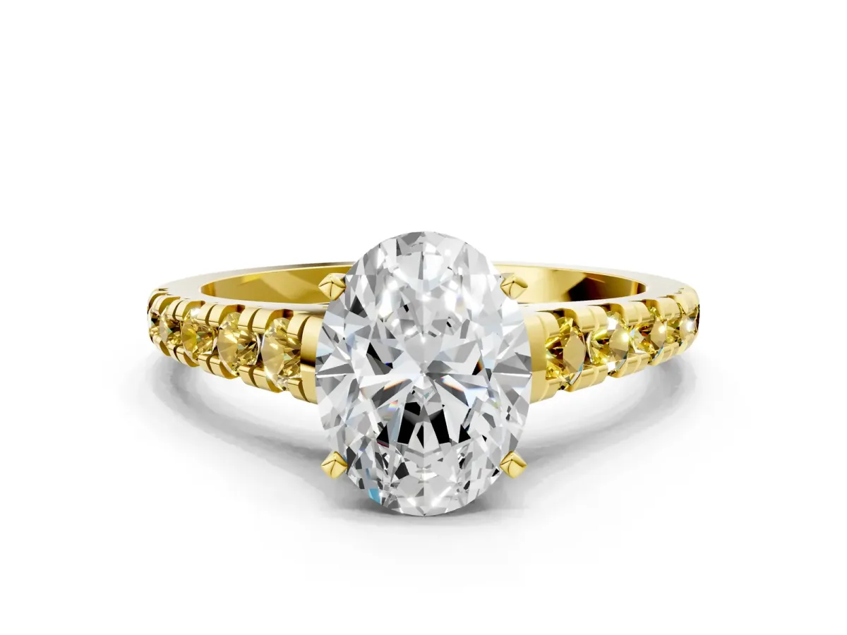 Oval Cut Diamond Cathedral Solitaire Ring with Round Yellow Sapphire Pavé Band Yellow gold