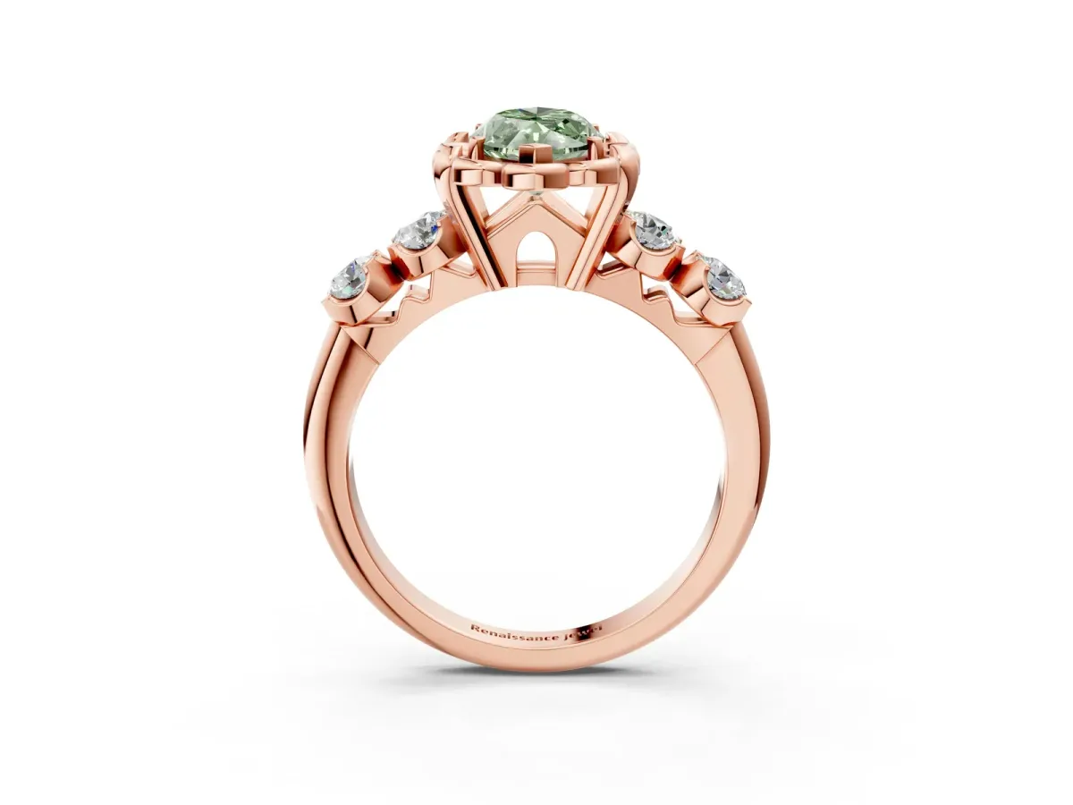 Fancy Green Marquise Cut Cut Diamond Floral Halo Engagement Ring with Shared Prong Setting Rose gold