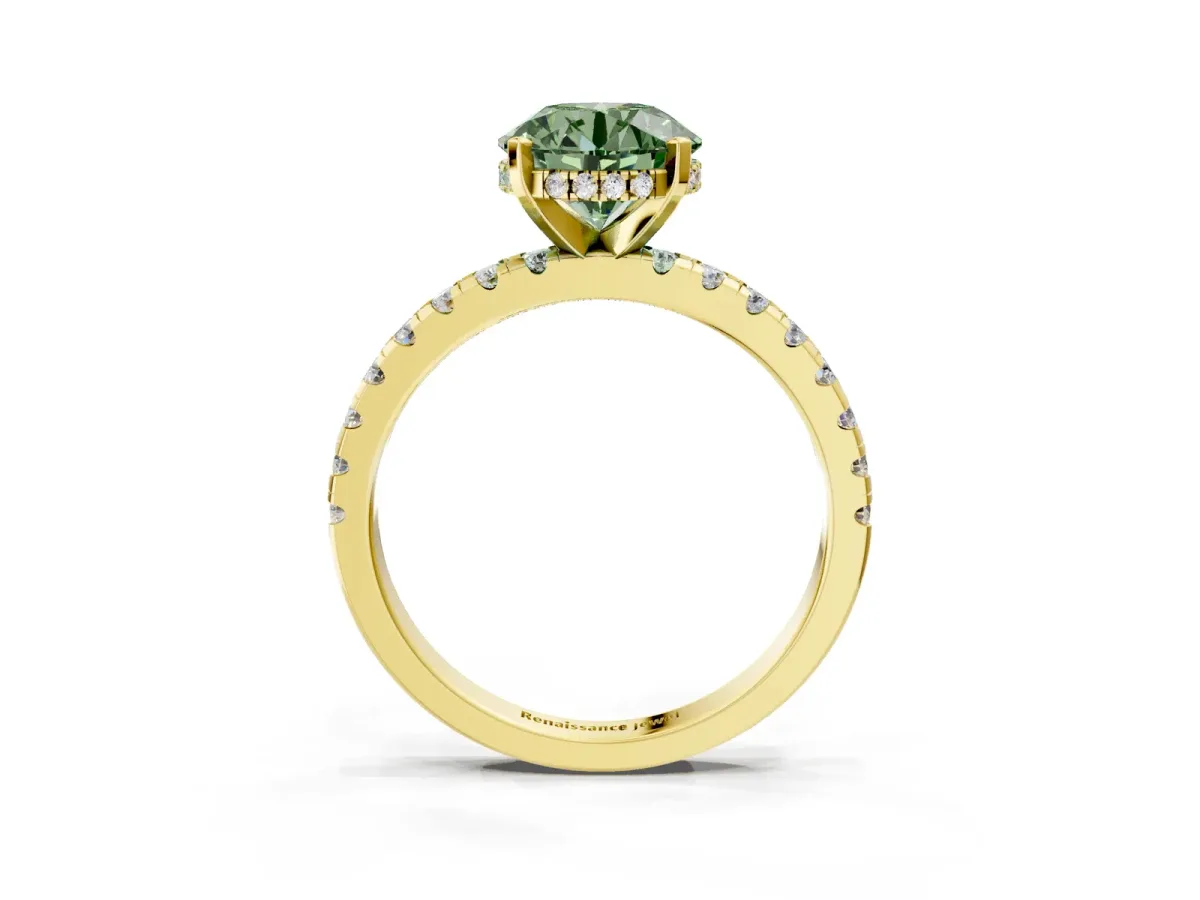 Fancy Green Round Cut Diamond Solitaire Ring with Round Pavé Band and Four-Prong Setting Yellow gold