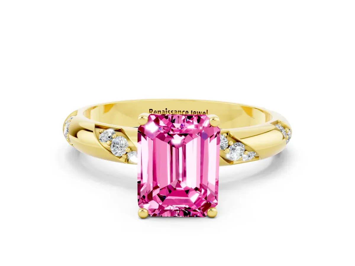 Emerald Cut Pink Sapphire Solitaire Engagement Ring with Twisted Round Accent Band and Prong Setting Yellow gold