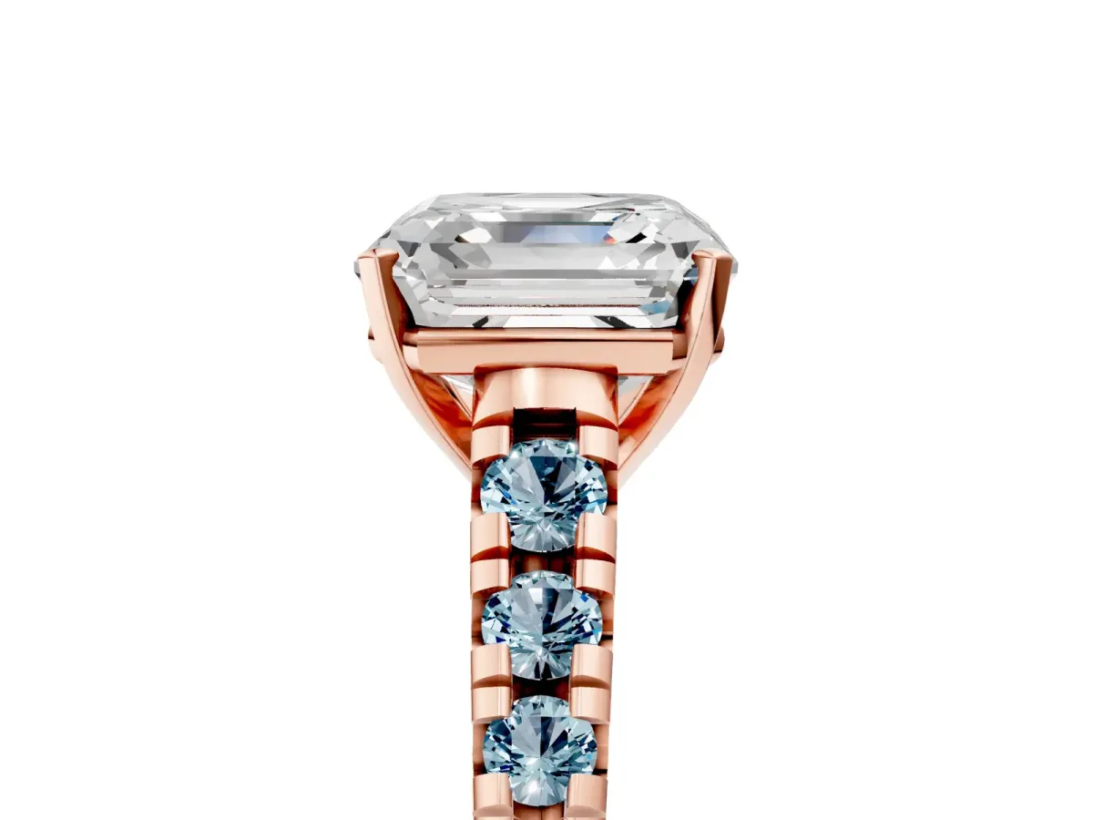 Asscher Cut Diamond Cathedral Solitaire Ring with Round Aquamarine Pavé Band Rose gold