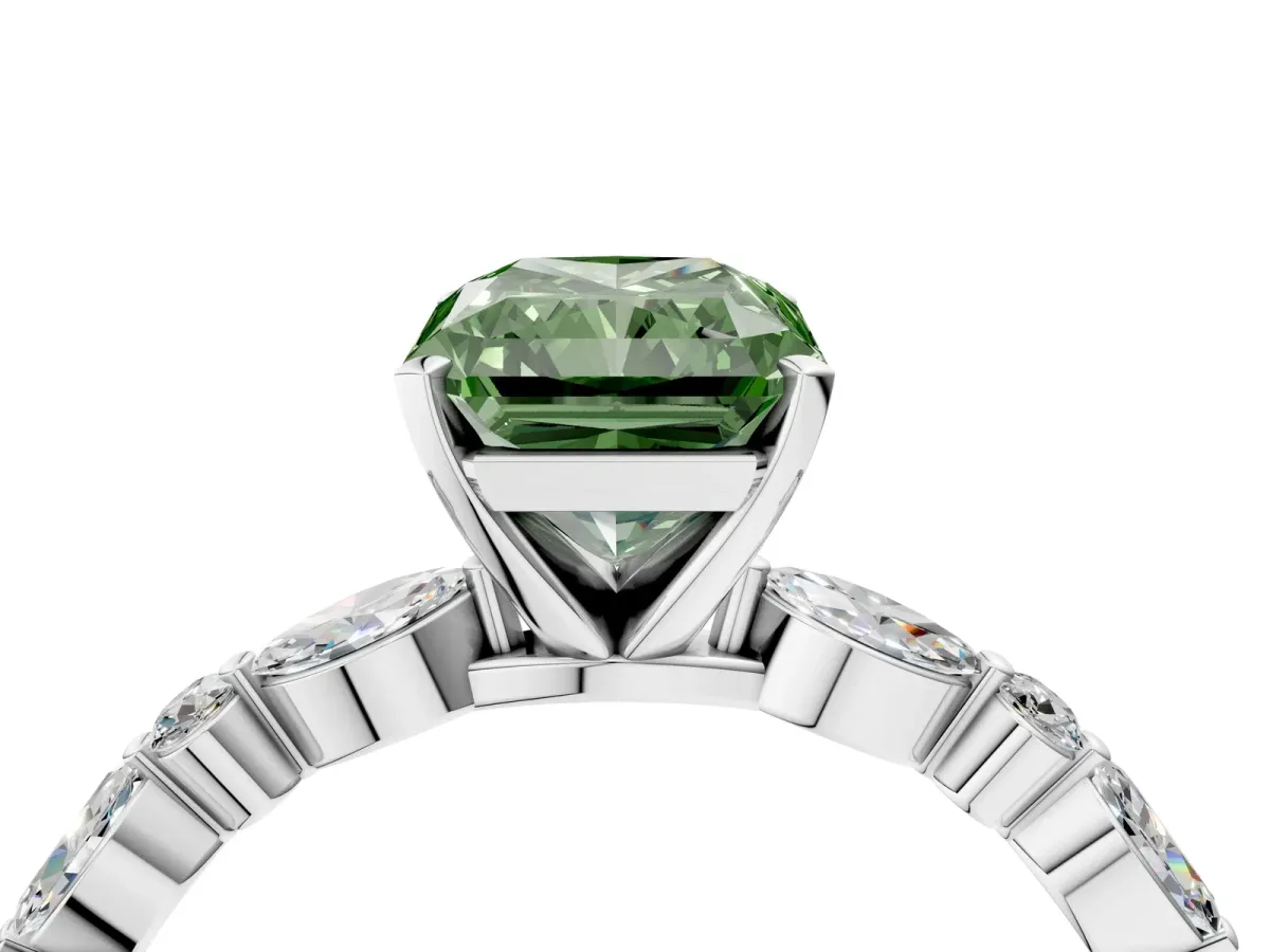 Fancy Green Radiant Cut Diamond Ring with Marquise and Round Side Stones and Four-Prong Setting White gold