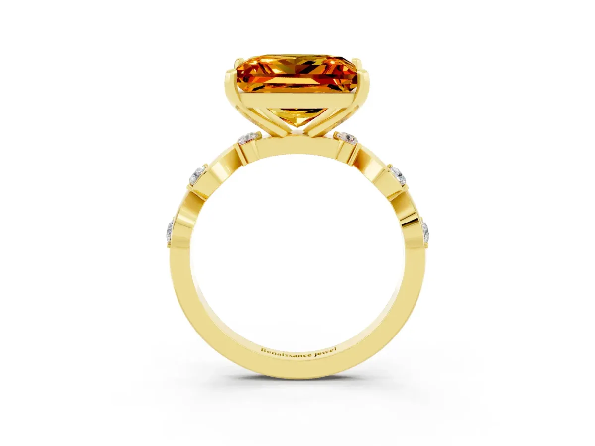 Princess Cut Citrine Solitaire Twisted Band with Round Accents and Prong Setting Yellow gold