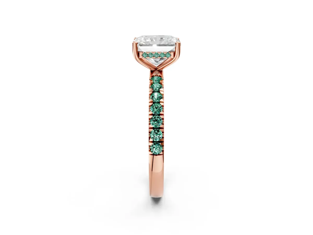 Radiant Cut Diamond Pave Band Solitaire Ring with Round Green Sapphire and Prong Setting Rose gold