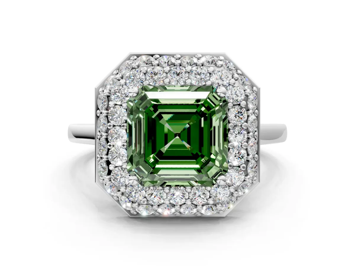 Fancy Green Asscher Cut Halo Diamond Engagement Ring with Solitaire Band and Four-Prong Setting Platinum