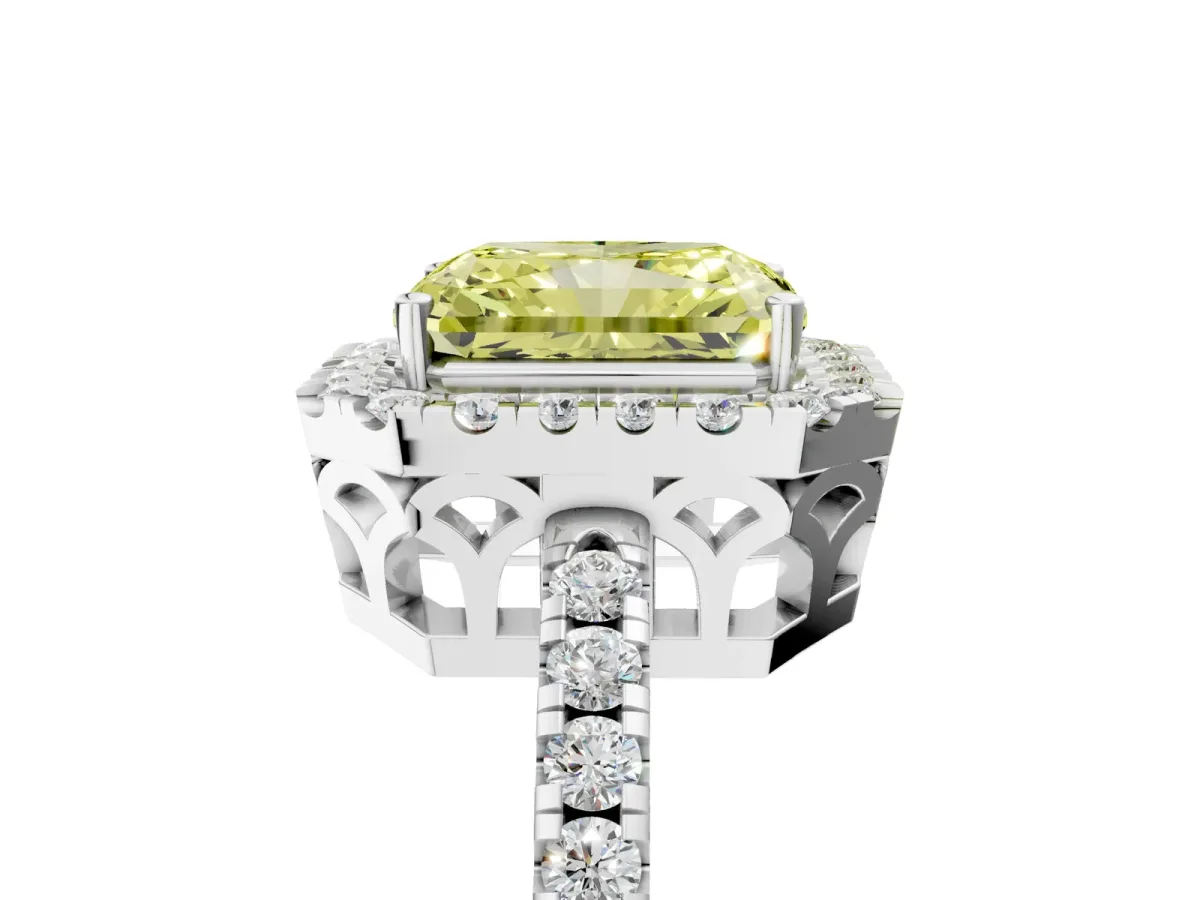 Fancy Yellow Radiant Cut Halo Diamond Engagement Ring with Pavé Band and Four-Prong Setting Platinum