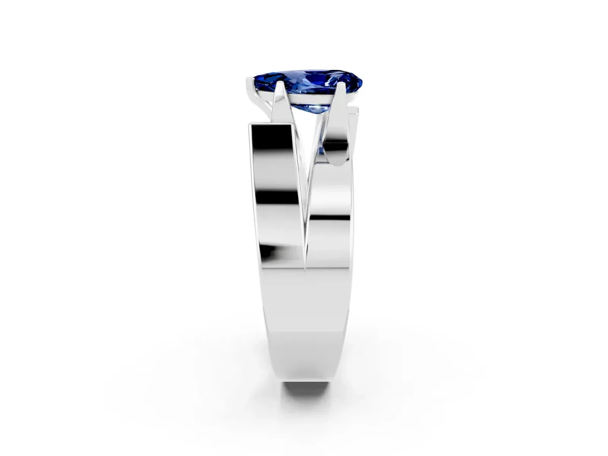 Modern Tension Set Pear Cut Blue Sapphire Solitaire Wide Band Ring Silver