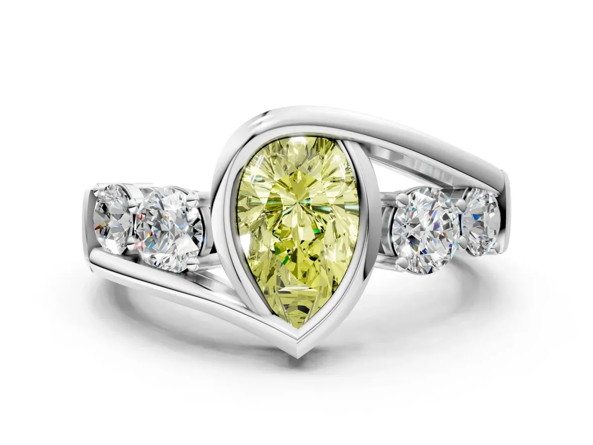 Fancy Yellow Bezel Set Pear Cut Diamond Bypass Ring with Round Accents Silver