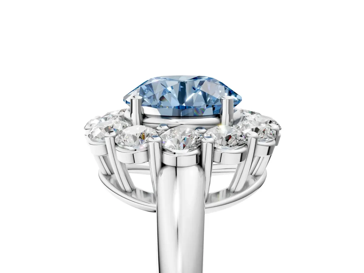 Fancy Blue Round Cut Halo Cluster Diamond Engagement Ring with Prong Setting and Polished Band White gold