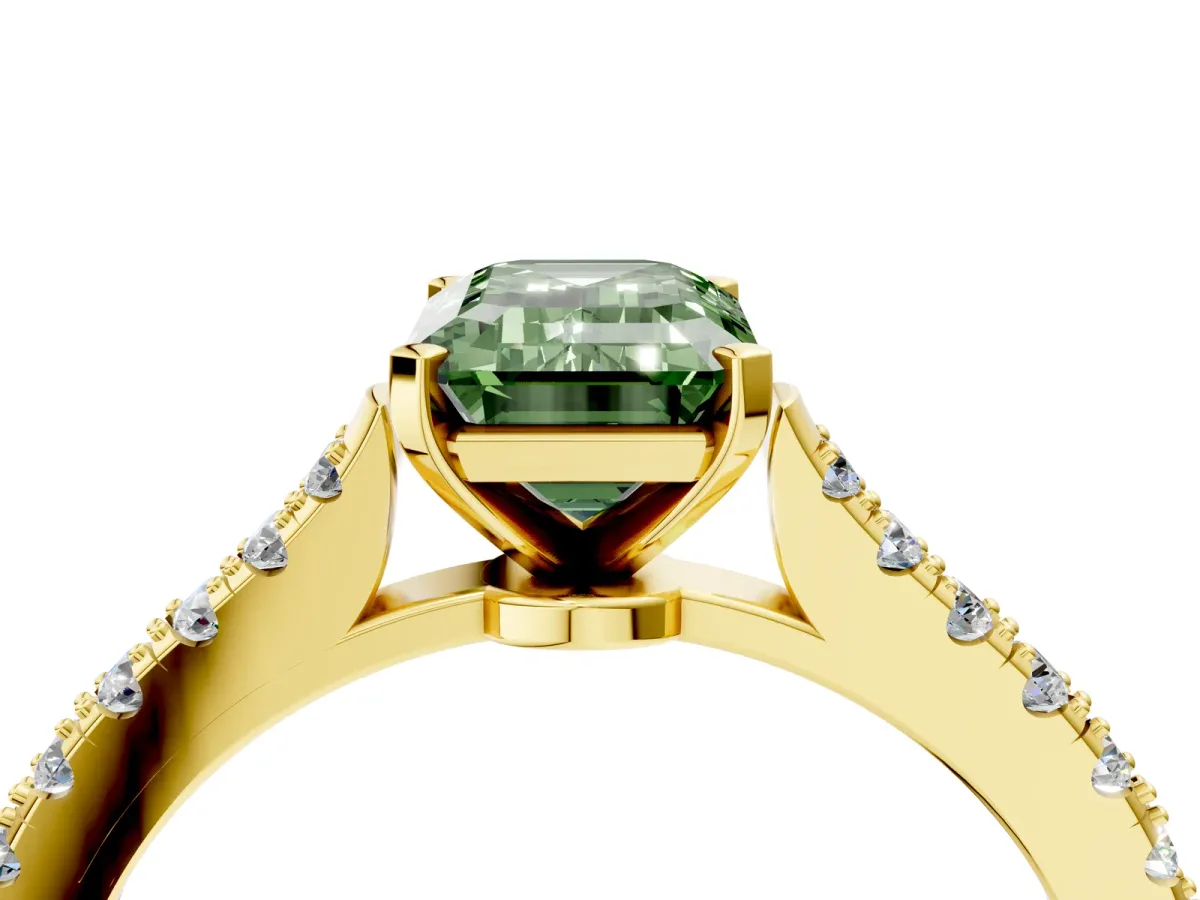 Fancy Green Emerald Cut Cut Solitaire Diamond Engagement Ring with Pave Band and Four-Prong Setting Yellow gold
