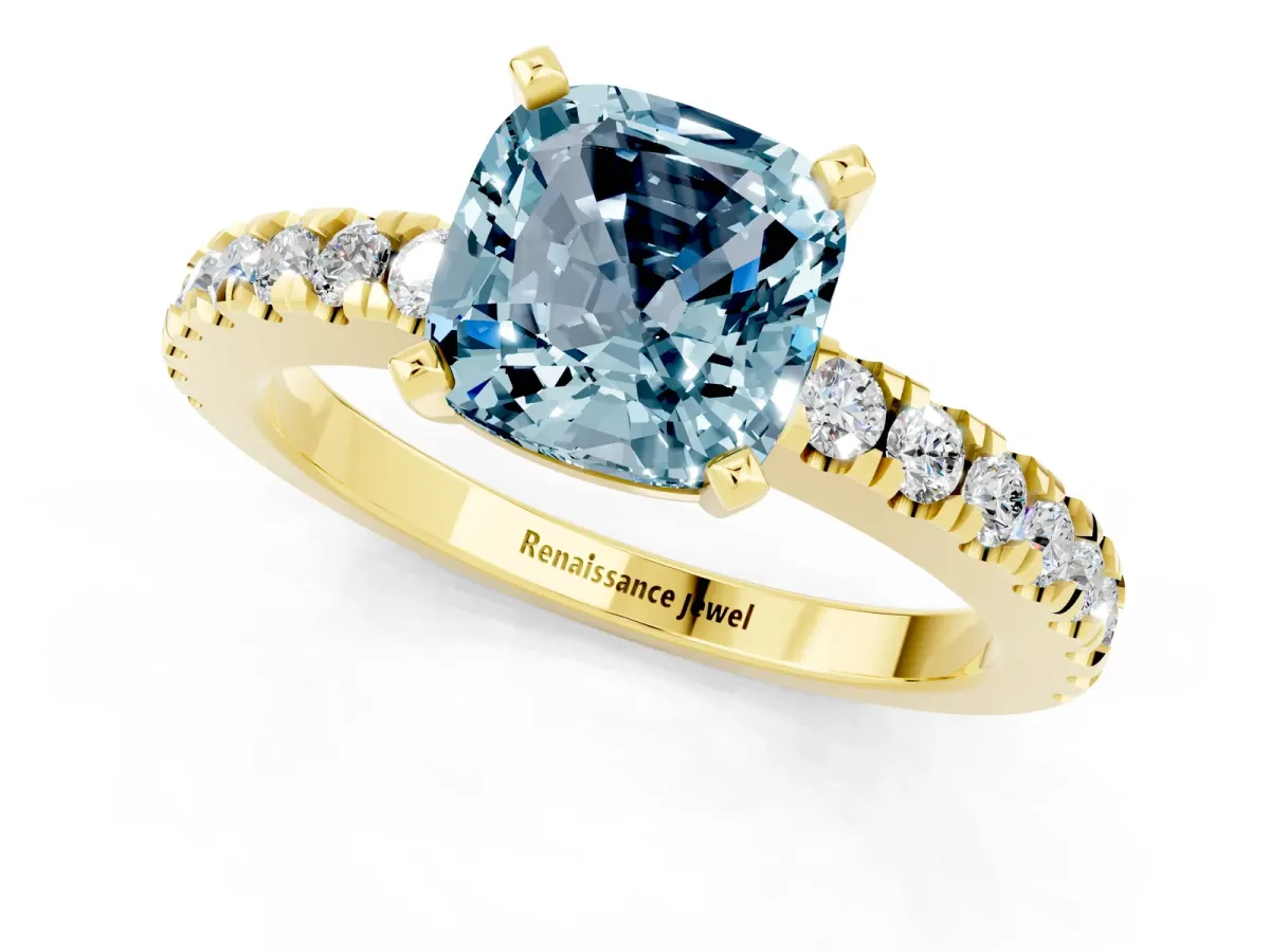 Cushion Cut Solitaire Aquamarine with Pavé Band and Four-Prong Setting Yellow gold