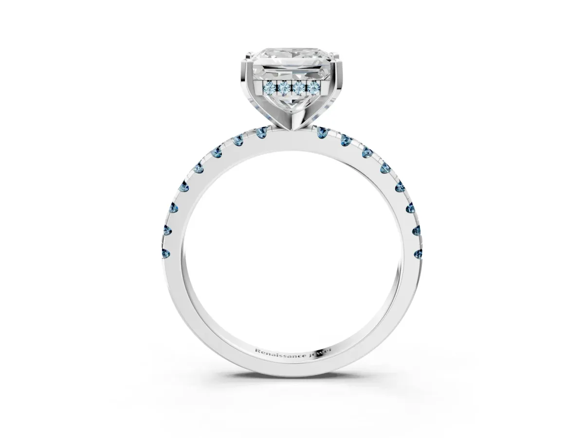 Princess Cut Diamond Solitaire Ring with Round Aquamarine Pavé Band and Four-Prong Setting Platinum