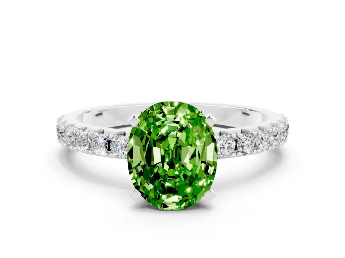 Oval Cut Peridot Solitaire Pavé Band with Four-Prong Setting Silver