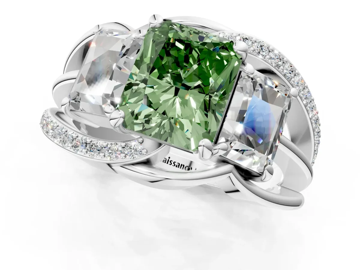 Fancy Green Three-Stone Radiant Cut Cut Diamond Split Shank Prong Set Ring Platinum