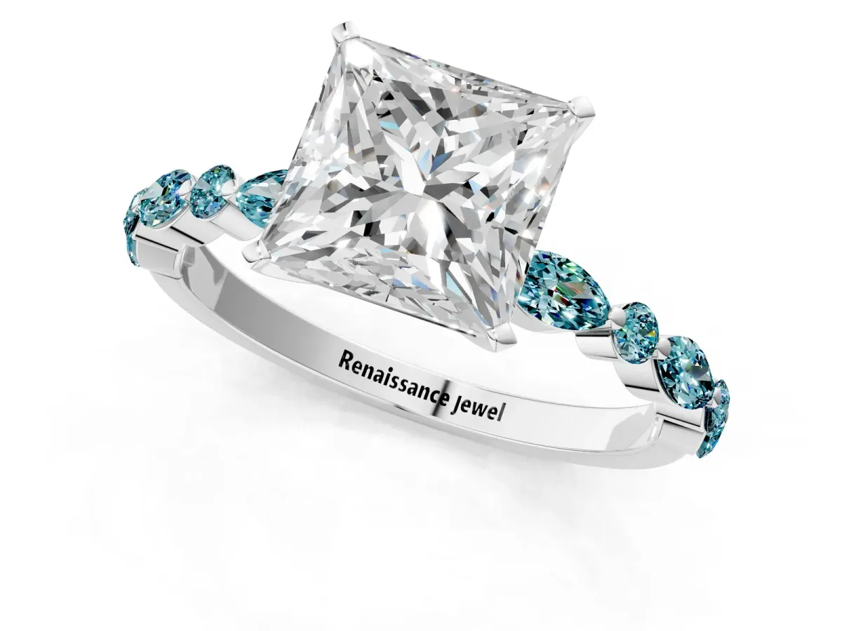 Princess Cut Diamond Ring with Marquise and Round Blue Topaz Side Stones and Four-Prong Setting Platinum