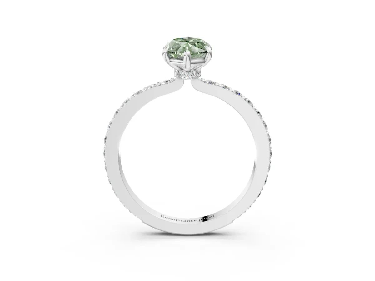 Fancy Green Marquise Cut Diamond Solitaire Engagement Ring with Pavé Band and Four-Prong Setting White gold