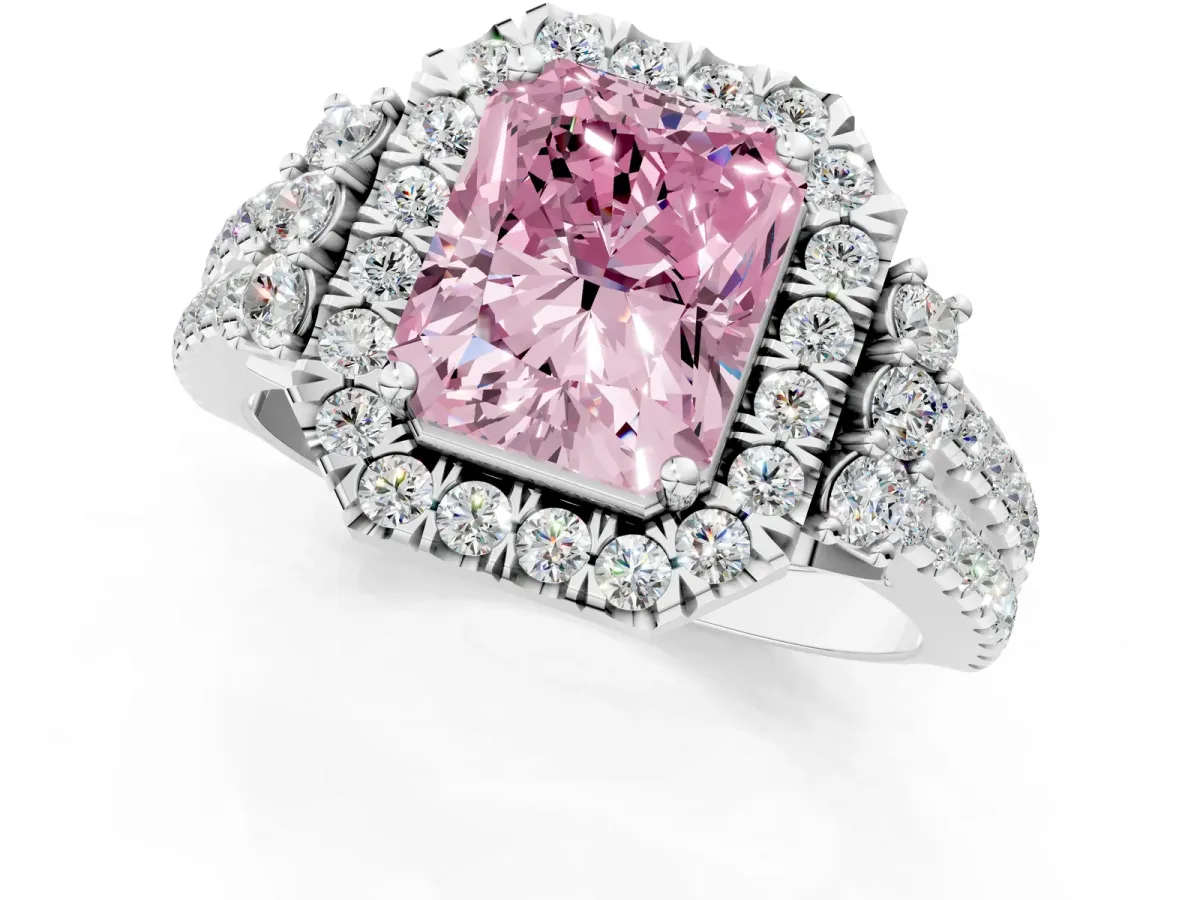 Fancy Pink Radiant Cut Cut Double Halo Diamond Engagement Ring with Pave Band and Four-Prong Setting Platinum
