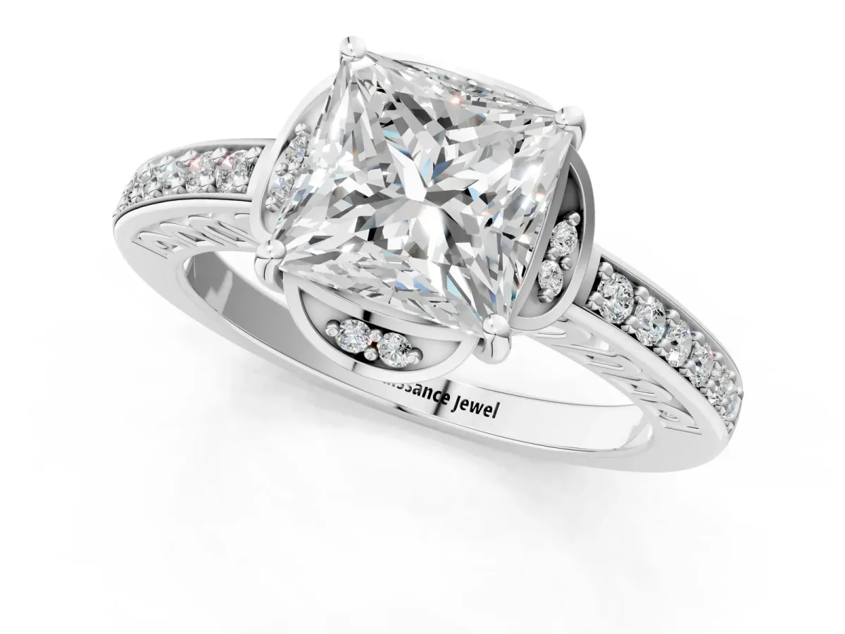 Princess Cut Cut Halo Diamond Ring with Channel Set Band and Four-Prong Setting White gold