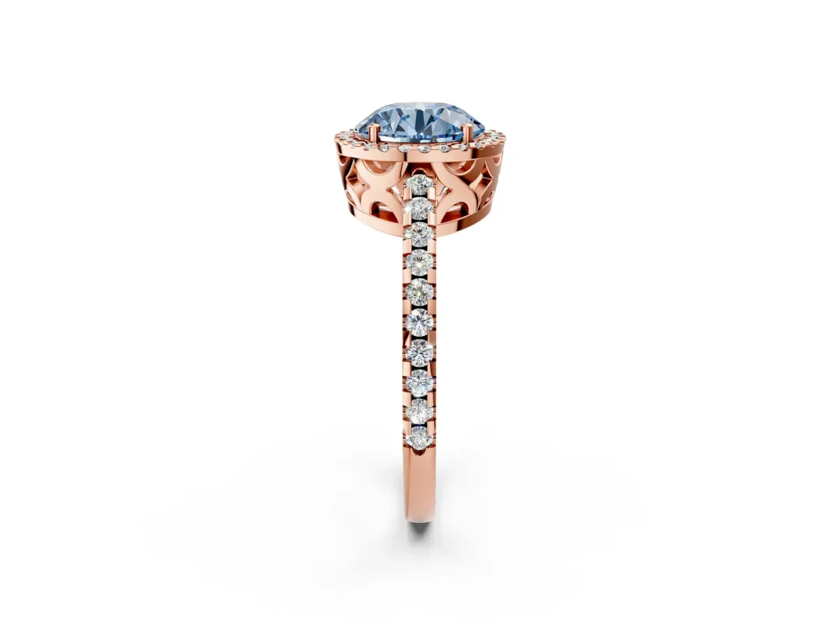Fancy Blue Round Cut Diamond Halo Engagement Ring with Pavé Band and Prong Setting Rose gold