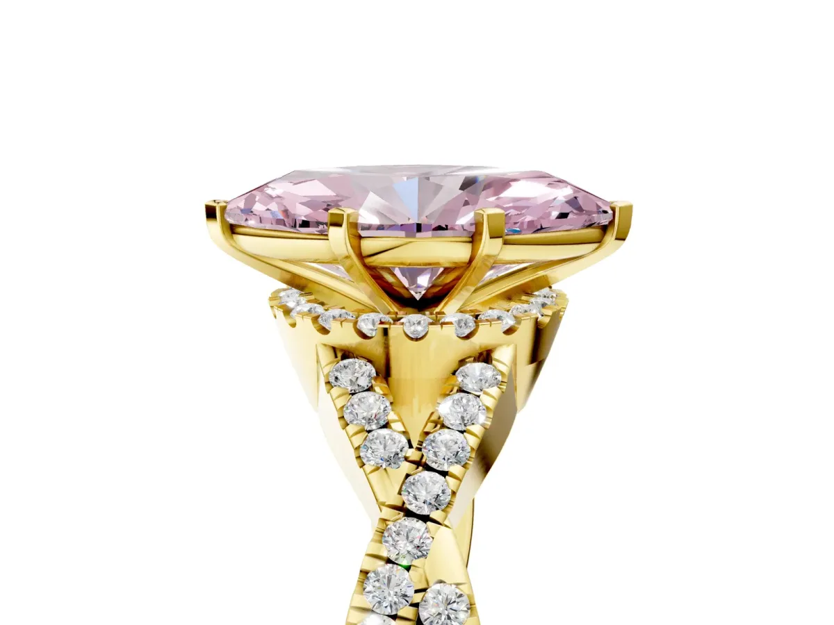 Fancy Pink Marquise Cut Diamond Halo Twist Band Solitaire Prong Setting Ring Yellow gold