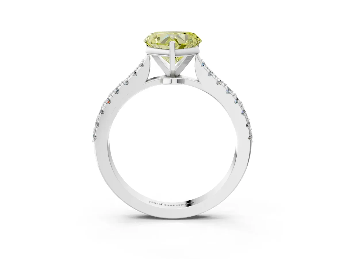 Fancy Yellow Heart Cut Cut Solitaire Diamond Engagement Ring with Pave Band and Four-Prong Setting White gold