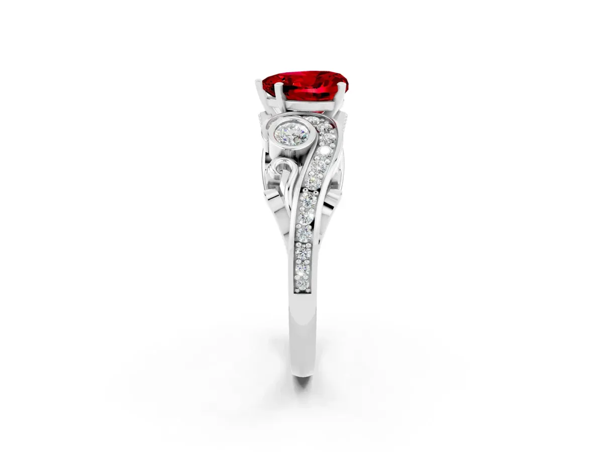 Heart Cut Ruby Solitaire Ring with Milgrain Pavé Band and Four-Prong Setting Platinum